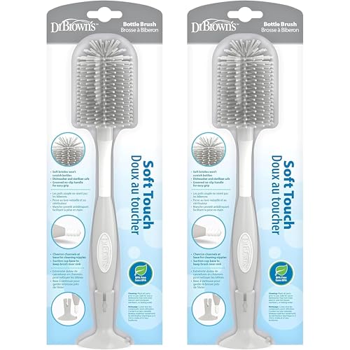 Image of Dr. Brown's Soft Touch No Scratch Baby Bottle Cleaning Brush, Nipple Cleaner and Suction Cup Base for Easy Storage, BPA-Free, Gray, 2-Pack