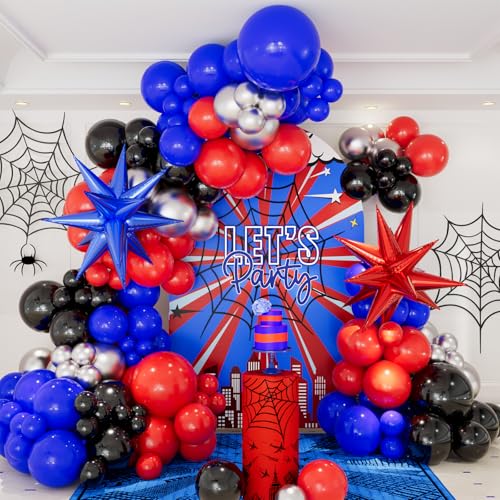 Image of CboDeco Spider Balloon Garland Arch Kit, 146PCS Red and Blue Balloons with Exploding Star Foil Balloons, Spider Theme Birthday Decorations for Boys, Party Decorations