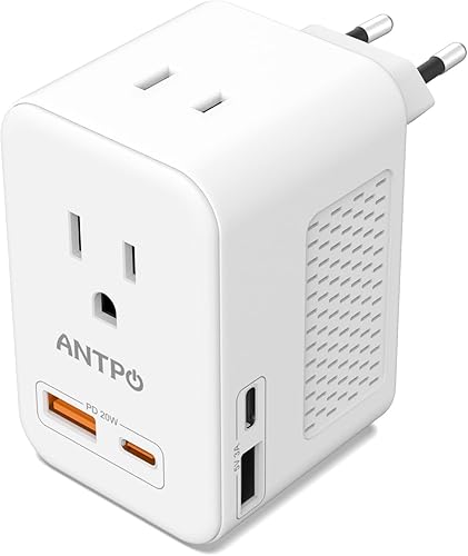 ANTPO - Convertidor de voltaje de 220 V a 110 V de EE. UU. a Europa con 2 puertos USB, 2 USB C PD 20 W, 2 salidas de CA convertidor de viaje para