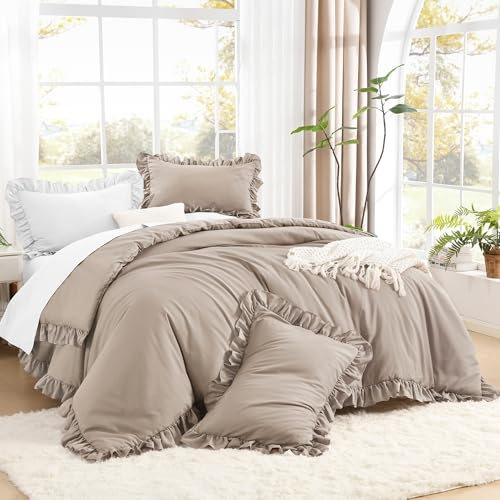 Image of Litanika Light Coffee King Size Comforter Set, 3 Pieces Ruffle Farmhouse Aesthetic Bedding Comforter Set, All Season Soft Lightweight Fluffy Microfiber Bed Set(104x90In Comforter, 2 Pillowcases)
