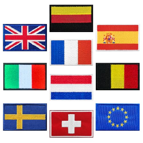 Lot de 10 écussons brodés - Motif drapeau de l'Allemagne, Italie, France, Espagne, Pays-Bas, compatibles avec - Pour jeans, vestes, sacs à dos, vêtements, casquette de baseball, uniforme