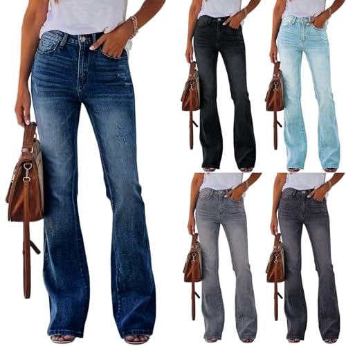 Straight Leg Jeans for Women Stretchy Distressed Flare Jeans Mid Rise Pull-On Elastic Waist Button Fly Denim Pants