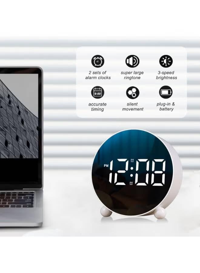 Image of Niloni Digital LED Table Alarm Mirror Twin Bell Clock with Night Light, USB Rechargeable /Battery Operated Loud Bell Metal Alarm Clock for Heavy Sleepers (White 2)