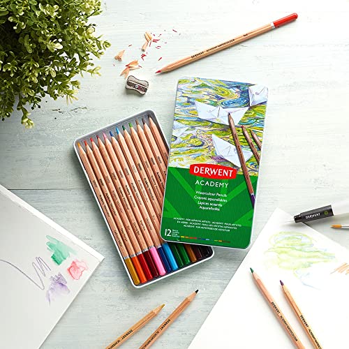 Image of Derwent Academy Watercolour Pencils Tin (Set Of 12), Blue, Multi