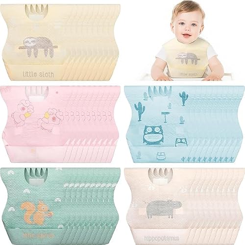 Niltracy Unisex Infant Cute Style 100 Pcs Disposable Baby Bibs Individual Wrapped Travel Bibs Waterproof Food Catcher For Toddlers Girls Boys Feeding (Cute Style)