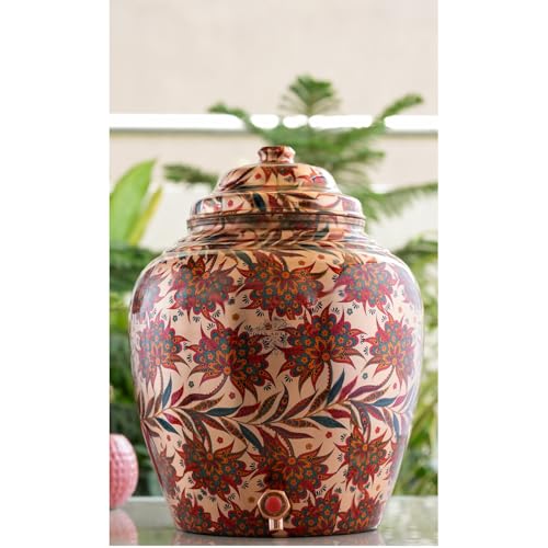 Image of INDIAN ART VILLA Red and Blue Floral Print Design Copper Water Dispenser Pot Matka, Storage, Home Garden, 13 liter
