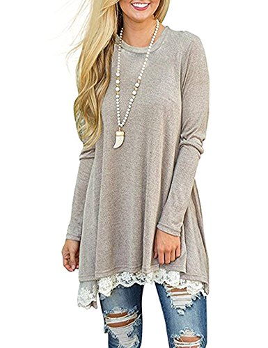 Andaa Women's Crew Neck Long Sleeve Lace Splicing Swing Shirt Dresses Long Tunic Blouses Shirts For Leggings Khaki #TOP1