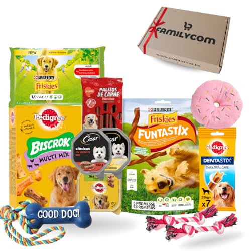 FAMILYCOM. Caja Gourmet para Perros Navidad – Cesta de Regalo Friskies con Snacks Naturales, Golosinas Premium y Juguetes – Pienso y Chuches para Mascotas