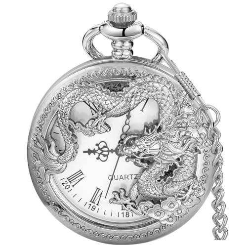 Alwesam Silver Dragon Design Quartz Pocket Watch Roman Numerals with Chain Birthdays Gifts for Father's Days