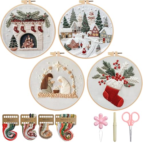 TPZBWG Christmas Embroidery Kit 4 Pack Cross Stitch Kits DIY Embroidery Starter Kit for Adults & Beginners DIY Needlepoint Kit with Embroidery Hoop Thread Needle for Craft Lover Birthday Gifts 2