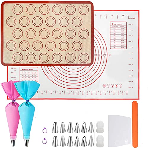 Juego De 22 Tapete De Silicona Para Hornear Con Alfombrilla De Silicona, Estera De Masa Antideslizante Con Medida, Boquillas De Acero Inoxidable,Bolsas De Pastelería Y Más, Accesorio Para Hornea