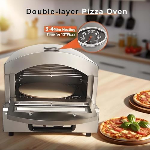 12 Inch Pizza Maker Oven External Thermometer | Removable Pizza Stone | Visual Baking Window | 360° Even Heating System | 360° Upper/Lower Heating Tubes