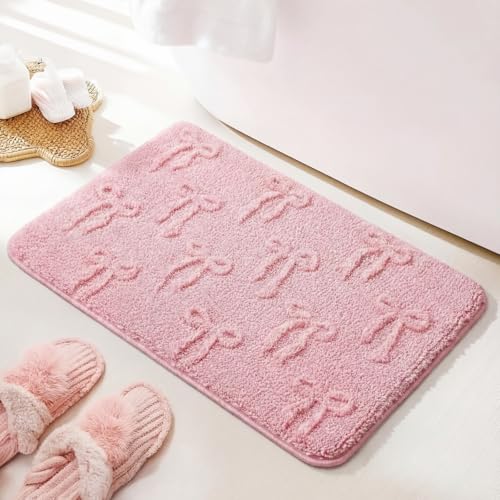 Lyrow Pink Bow Bath Mat for Bathroom, 20"x32" Cute Coquette