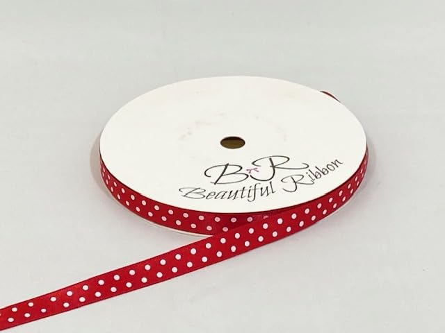 1 Full Roll Reel of 10mm x 20 Metres Satin Ribbon Red with White Polka Dot Spot