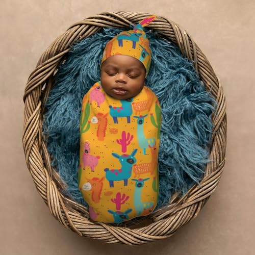 Image of Animals Colorful Llama Cactus Newborn Swaddle Blankets Hat Sets Soft Baby Receiving Blanket Swaddle Sack for Baby Shower Infant Boy Girl Gift