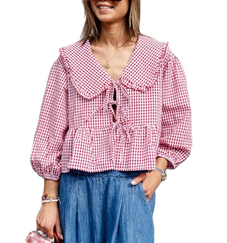 Bow Tie Front Peplum Blouse for Women Plaid Y2k Lantern Long
