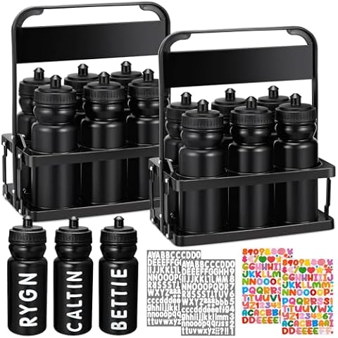 Suclain Water Bottle Carrier with 20 Oz 12 Bottles and 4 Stickers Plastic Wide Mouth Sports Water Bottle Squeeze Team Water Bottles with Black Lid for Fitness Bike Gym (Black) Cover