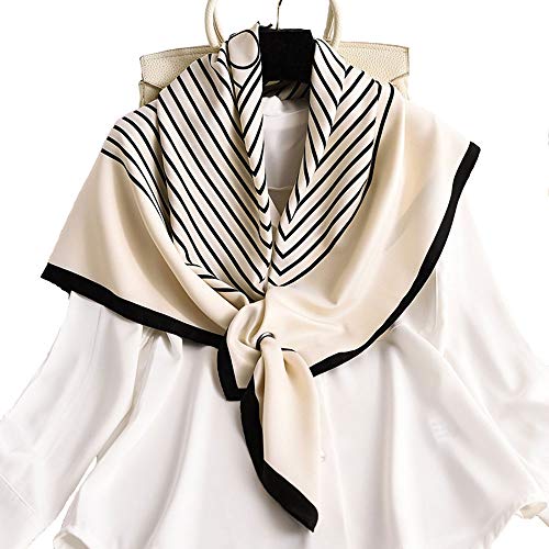 100% Pure Silk Feeling Women Scarf Sunscreen Shawls Wraps-Lightweight Striped Neckerchief– Breathable Digital Printed Scarves White(With holes)