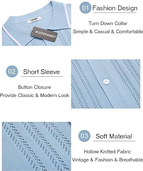 COOFANDY Men's Knit Button Down Shirt Vintage Short Sleeve Polo Shirts Casual Beach Tops - Image 5