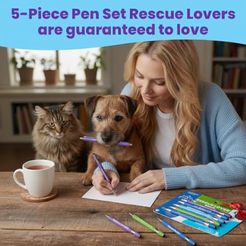 Image of Funny Cat & Dog Rescue Lover Gift Pen Set - 5 Black Ink Ballpoint Pens with Stylus Tip & Quality Metal Barrel with Fun Quotes - Gifts for Dog Moms, Cat Lovers, Animal Advocates, Fosters & Volunteers