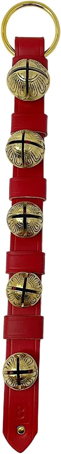 Belsnickel 19 Inch Red Leather Strap Brass Sleigh Bells Door Hanger Made in USA