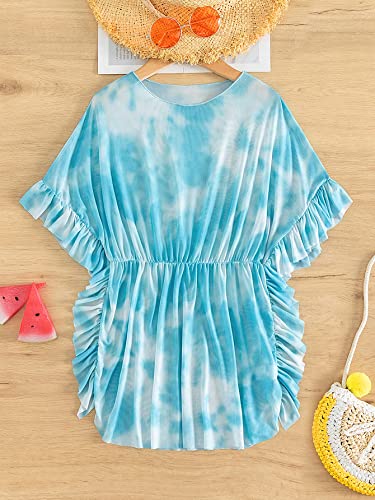 Image of Milumia Girl's Tie Dye Mesh Sheer Ruffle Coverups Beach Swimsuit Cover Up Ruffle Trim Blue 10 Years
