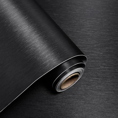 Image of Yun-aeon Metallic Grasscloth Peel and Stick Wallpaper Black Satin Contact Paper 15.7"x 118.1" Modern Thicken Wall Paper Self Adhesive Removable Vinyl Wallpaper for Kitchen Cabinets Countertops Fridge