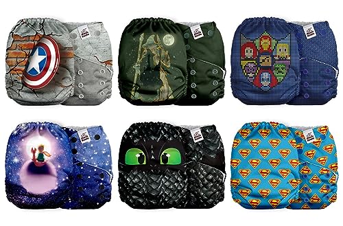 Image of Mama Koala 2.0 Cloth Diapers for Babies with Suede Cloth Lining, 6 Pack with 6 Bboo Cloth Diaper Inserts - Reusable and Washable Pocket Diapers (Little Heroes)
