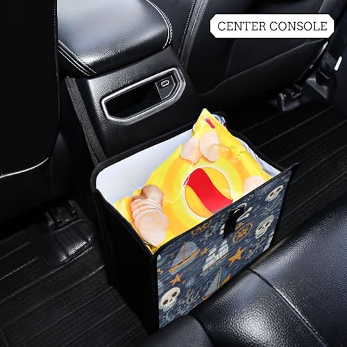 Image of Car Trash Can Organizer Bin with Adjustable Strap for Back Front Seat Console Waterproof Leakproof Collapsible Portable 11 Inch Blue Pirate Skulls Sailboats Starfish and Compass