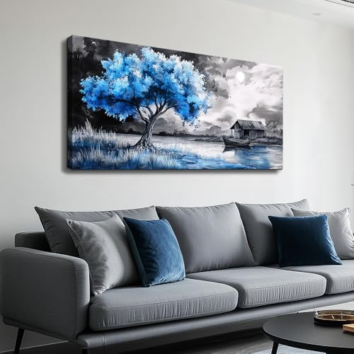 PHAOHUAXM Wall Art For Living Room Large Wall Decor For Bedroom Black White And Blue Trees Wall Pictures Artwork Restaurant Office Frame Printing Canvas Artwork Modern Home Decor Aesthetic 24x48 in