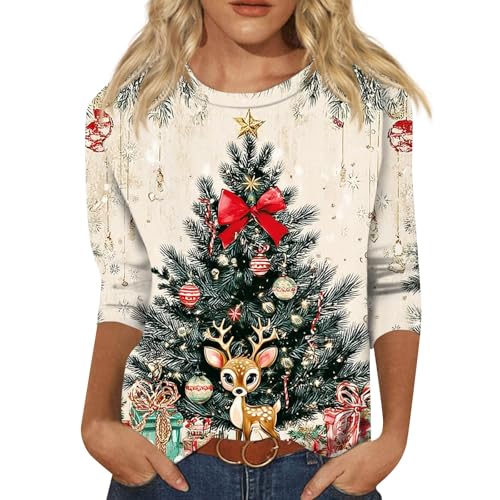 Christmas Shirts for Women Cute Xmas Print 3/4 Sleeve Funny Holiday Tops | Christmas Tree Graphic Tee 3/4 Sleeve Crew Neck Tunic Tops Merry Christmas Ugly Shirt Xmas Party Sweater A-Beige L - image 1