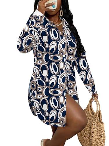 Image of LYANER Women's Collar Neck Long Sleeve Button Down Shirts Sexy Split Hem Tops Long Blouse Shirt Dress
