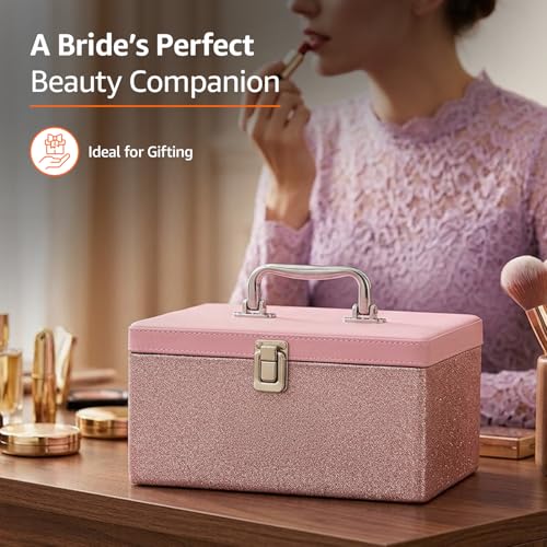 Image of Amazon Basics Bridal Vanity Box - Large Capacity Cosmetic Organizer for Women, Faux Leather & MDF Beauty Case for Makeup, Brushes, and Skincare - Stylish Travel & Home Storage, Pink