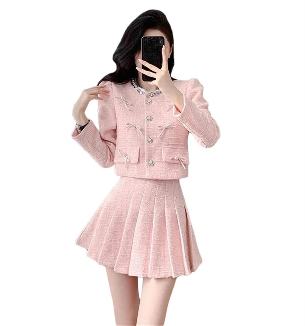 Womens Autumn Winter 2 Piece Set Beaded Bow Short Jacket with High Waist Pleated Skirt Outfit Suits