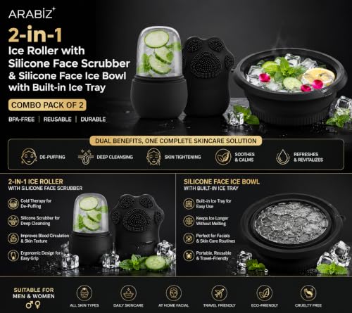 Image of 2-in-1 Ice Roller with Silicone Face Scrubber & Silicone Face Ice Bowl with Built-in Ice Tray - Combo Pack of 2 | BPA-Free | Reusable | for De-Puffing, Deep Cleansing & Skin Tightening (Black)