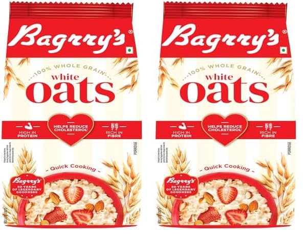 Image of Bagrry's White Oats 500gm Pouch | Natural Whole Grain | High Soluble Fibre | Protein Goodness | Helps Manage Weight & Reducing Cholesterol | Breakfast Cereal | Instant Oats (Pack of 2)