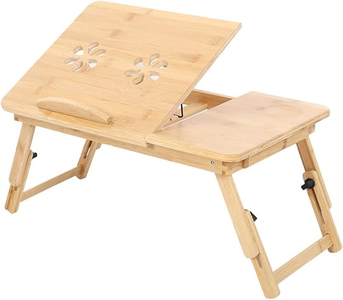 Veryke - Escritorio de cama plegable de bambú de madera con cajón de mesa inclinable y bandeja de regazo ajustable para computadora portátil para