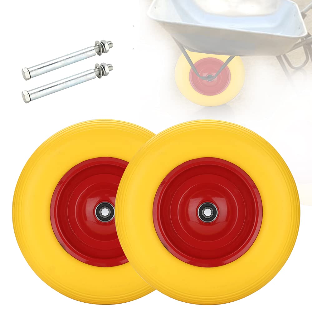 2x Schubkarrenrad 4.80 4.00-8 Vollgummi, Ersatzrad, pannensicher, 200 kg Tragkraft Gummirad mit Achse 95mm Breite, Stahlfelge Reifen gelb-rot, für Gartenkarren