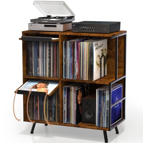 3 Tier Record Player Stand, Flip Top Record Player Cabinet, Mid Century Record Player Table with Shelves Holds up to 300+ Albums, Vinyl Record Storage with 4 U-Dividers for Living Room Bedroom, Brown