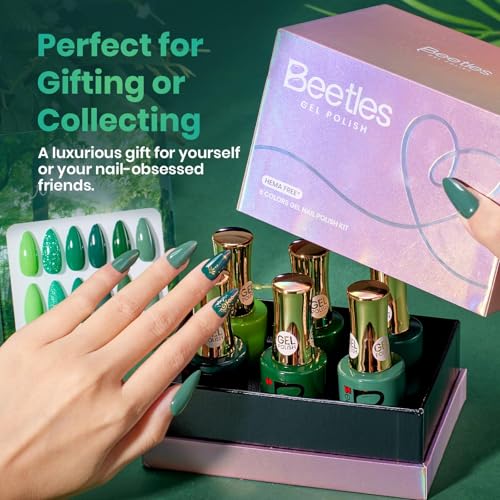 Image of Beetles Green Gel Nail Polish - HEMA-Free 15ML Full Size 6 Colors Light Emerald Dark Green Glitter Color Gel Nail Polish Set Soak off UV Led Lamp Needed Manicure DIY Salon Home Gifts for Women