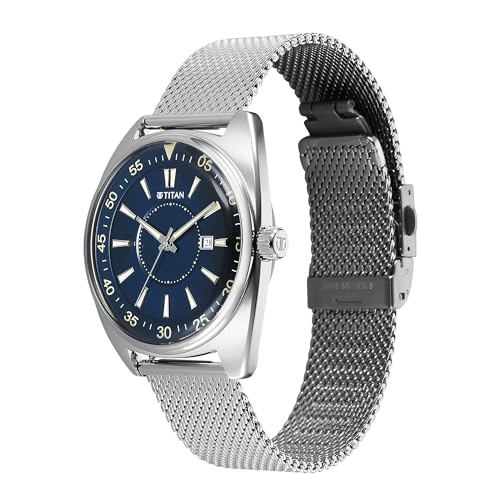 Image of Titan Tonneau Analog with Date and Blue Dial Mesh Stainless Steel Strap Watch for Men - 90211SM01