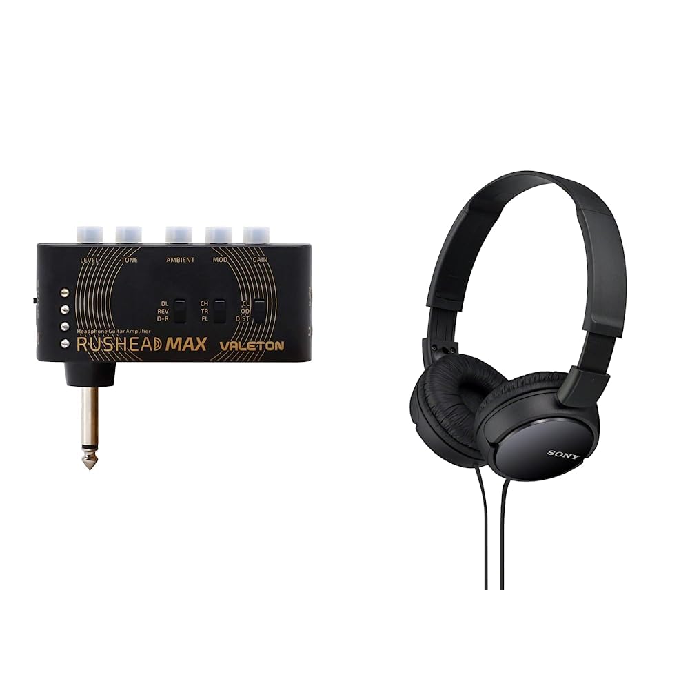 VALETON Rushead Max Mini Verstärker USB Aufladbar Portabel Hosentasche Gitarre Kopfhörerverstärker Schlafzimmer Multieffekte RH-100 & Sony MDR-ZX110 Faltbarer Bügelkopfhörer, schwarz, 25