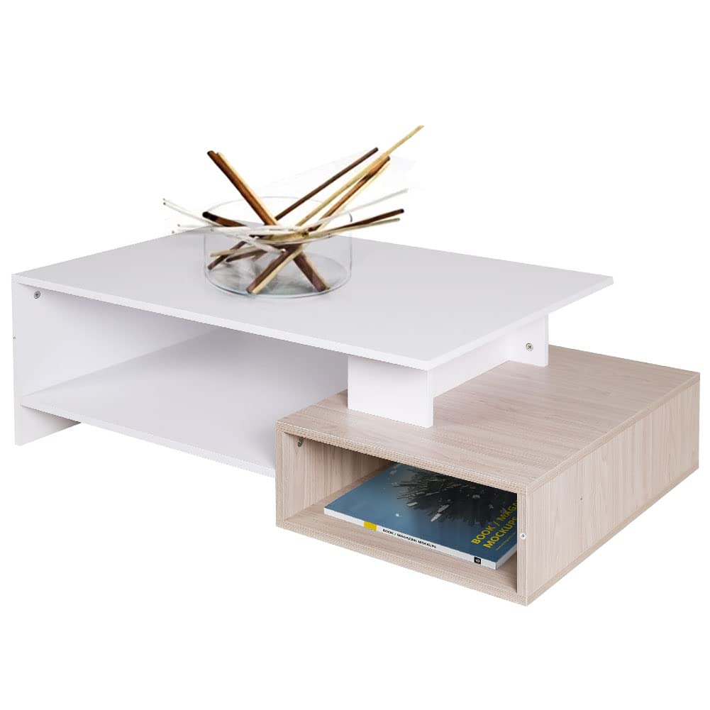 BAKAJI Tavolino Divano Tavolo Caffè da Salotto Rettangolare Design Moderno in Legno MDF con 4 Ripiani Inferiori Dimensione 106.5 x 60 x 34.5 cm Arredamento casa (Bianco e Quercia)