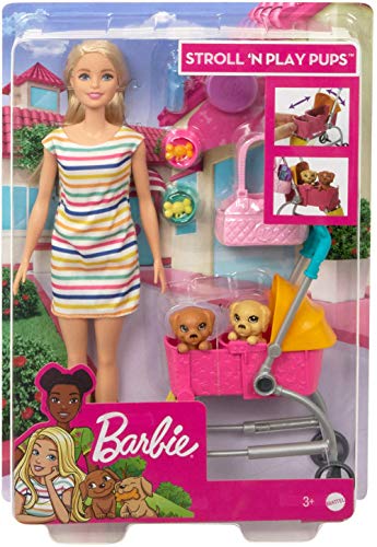 Barbie y su Carrito para Mascotas, Muñeca Rubia con accesorios y perritos (Mattel GHV92)