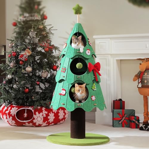 MUTTROS 53 Inch Christmas Cat Tree for Indoor Cats, Cat Tower with 3 Condos & 4 Pompoms, Multi-Cat Furniture with Holiday Felt Stickers, Activity Center & Beds, Green