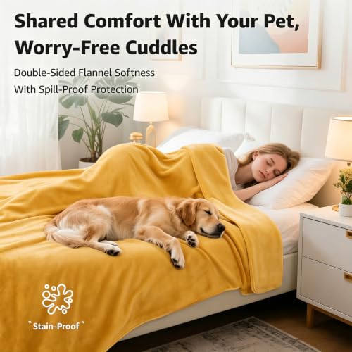 Image of LOOBANI Waterproof Blanket for Bed, Flannel Twin Size 60 inchx80 inch, Yellow | Double-Side Leak-Proof, Reversible, Stain-Proof Cover for Sofa Bed Protection, Ideal for Rest Movie Time, Camping, Travel