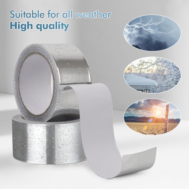 Image of Aluminum foil tape, 2 Inches x 22 Yards, suitable for sealing and repairing dryer exhaust lines, piping systems, etc., insulating adhesive metal high temperature heavy duty aluminum foil tape