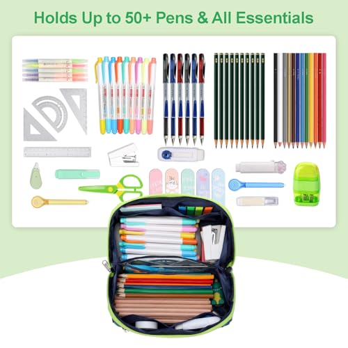 Image of Large Pencil Case for Boys, Durable Pencil Pouch for School, Wide Opening Soft Bag with Handle, Fits 50 Pens & Markers (Green Dinasour)