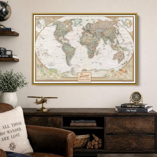 Image of Executive World Push Pin Map - National Geographic Antique Style Canvas Travel Tracker - Extra Large Framed Wall Decor - Gold Float Frame - 34 inch x 51 inch