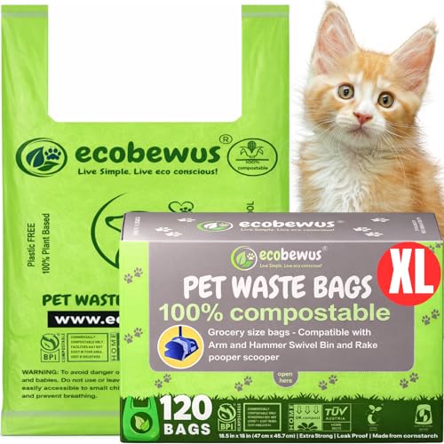 Image of 100% Compostable XL Pet Waste Bag (120 ct.) Plant-Based Cat Litter Bags Cornstarch-Based Doggy Poop Bags with Handles Compost Liners US BPI ASTM D6400 & OK Compost Home Certified (120 ct)